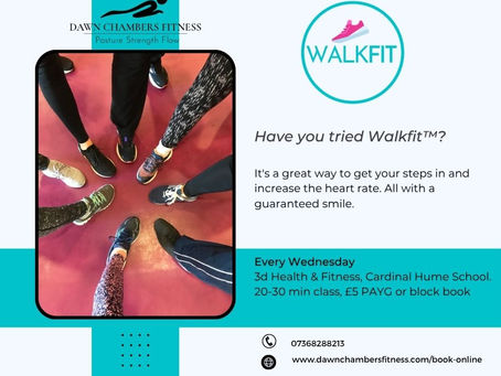 Feet in colorful sneakers form a circle on a red floor. Text promotes Walkfit classes at Dawn Chambers Fitness. Bright and inviting mood.