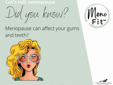 Illustration of a surprised woman with glasses, text about menopause affecting gums and teeth. Green background, logo, and URL visible.
