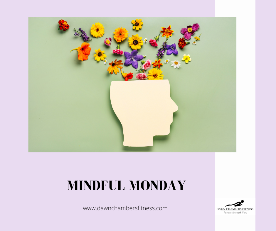 Silhouette of a head with colorful flowers emerging from it on a green background. Text reads "Mindful Monday," with a website link below.