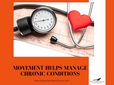 Blood pressure gauge and red heart on ECG paper. Text: "MOVEMENT HELPS MANAGE CHRONIC CONDITIONS." Website: dawnchambersfitness.com.