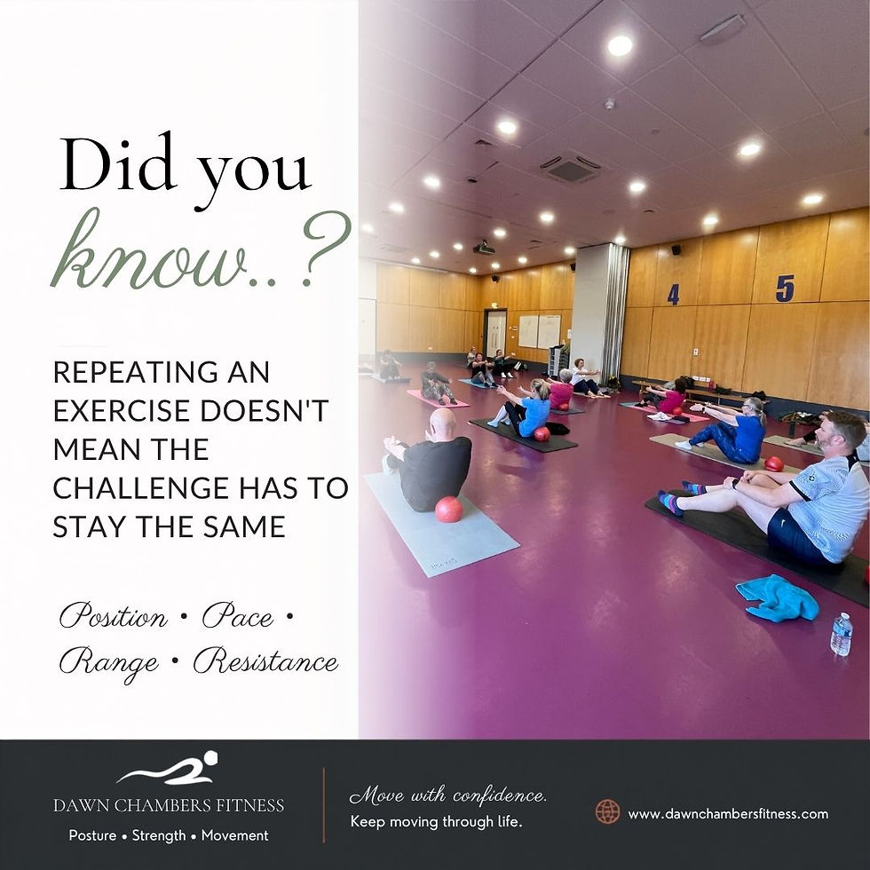 Group fitness class doing seated exercises on mats in a studio; poster reads Did you know? and Move with confidence.