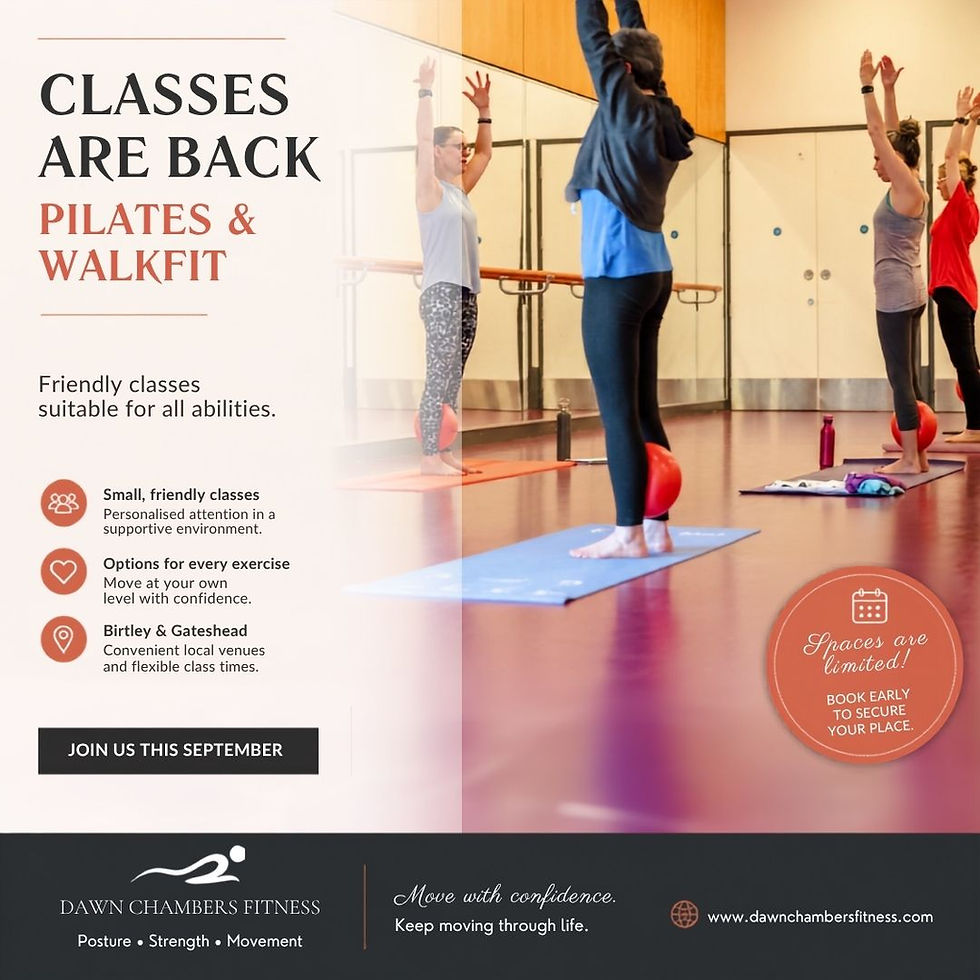 Pilates class in a studio with people raising arms by mats and balls; poster reads Classes Are Back, Pilates & Walkfit.