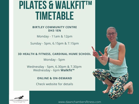 Woman in workout attire poses with peace signs next to a Pilates and Walkfit timetable on a green background. Includes schedule and website info.