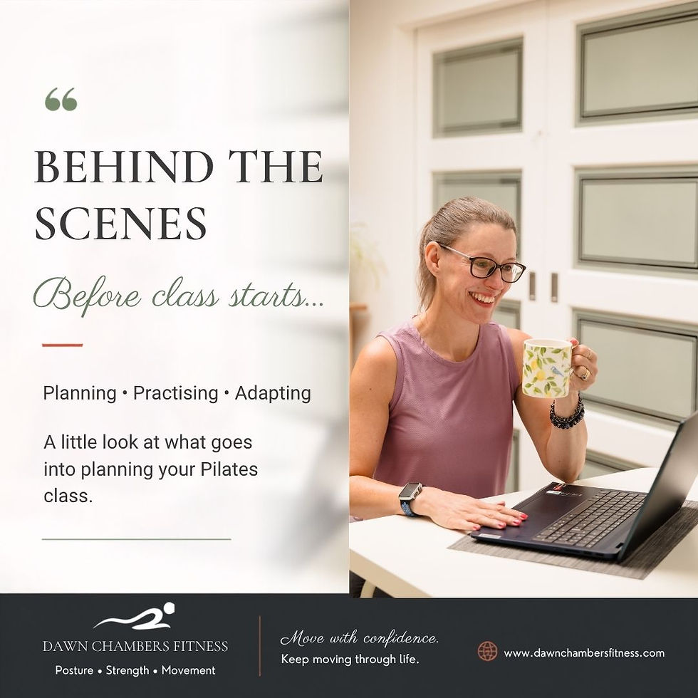 Smiling woman with mug at laptop in a bright room; Pilates promo reads Behind the Scenes, Before class starts... Dawn Chambers Fitness
