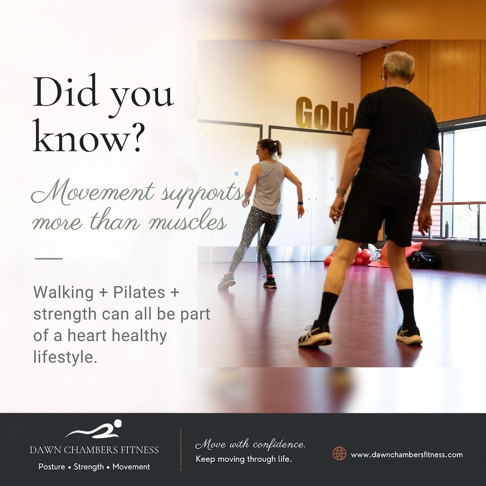 Fitness poster with two people doing movement drills in a studio; text says Did you know? Movement supports more than muscles.