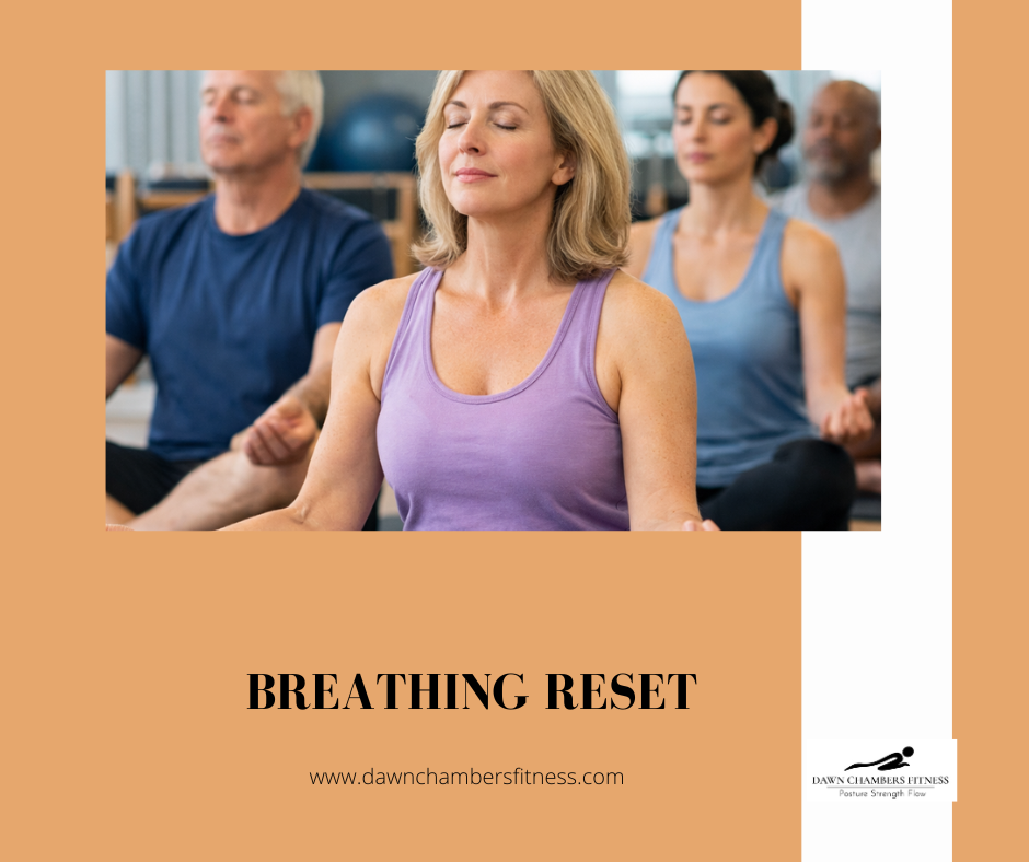 People meditating with closed eyes in a calm setting, wearing casual sportswear. Text: Breathing Reset. Website: dawnchambersfitness.com.