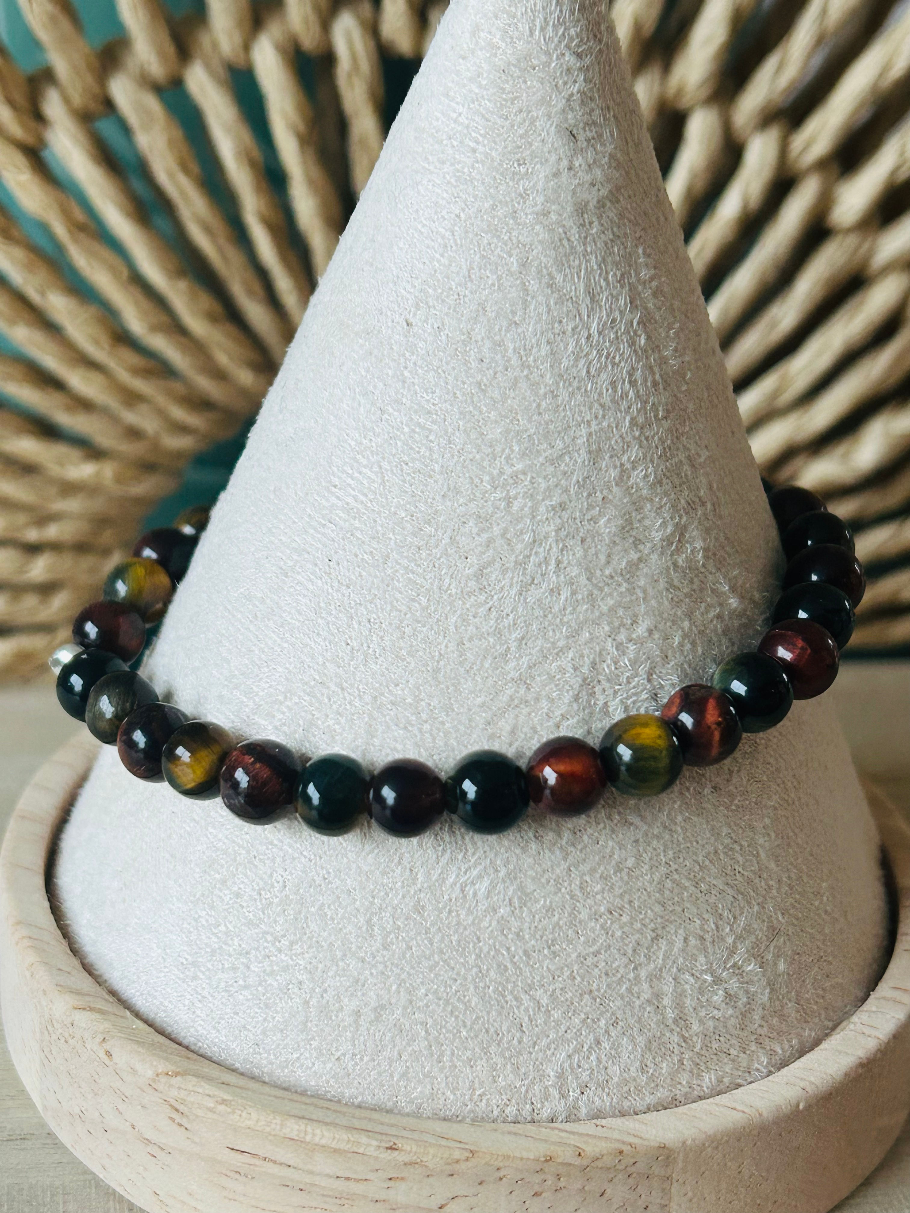 Bracelet Force Courage et protection– Œil Faucon, Œil de Taureau & Œil de Tigre