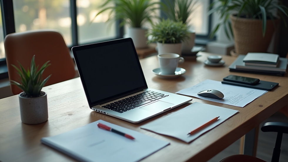 High angle view of a desk with a laptop and social media management tools
