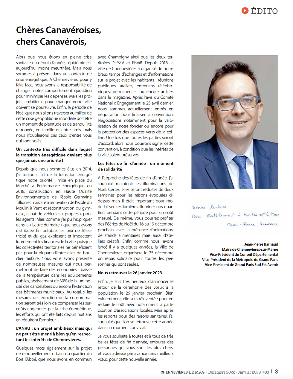L'Edito du maire de Chennevières dans le Mag de décembre 2022