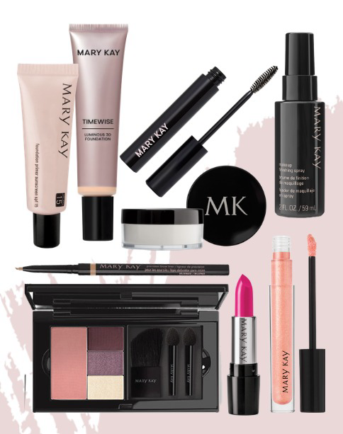 Mary Kay glamour makeup set on a soft pink background