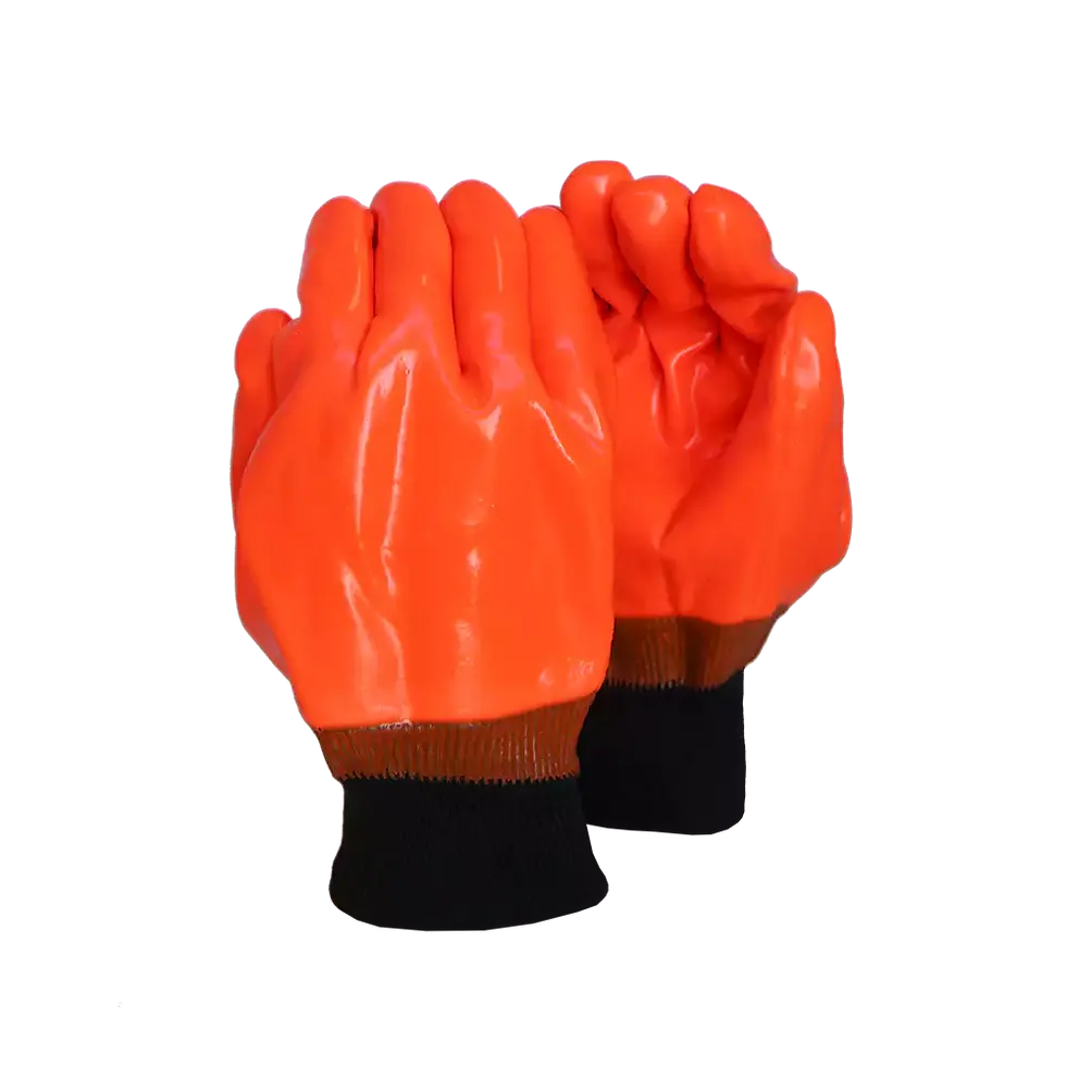 Orange gloves, 12 PACK Orange PVC Freezer Glove Knit Wrist, for cold weather protection.