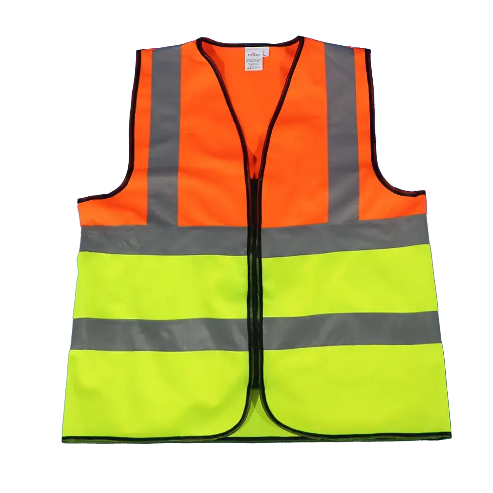 Orange and yellow Two Tone Reflective Vest with zipper, safety gear, visible.
