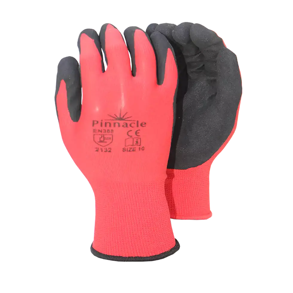 Red Pinnacle work gloves. 120 PACK SP-Flex HD Gloves are durable and protective.