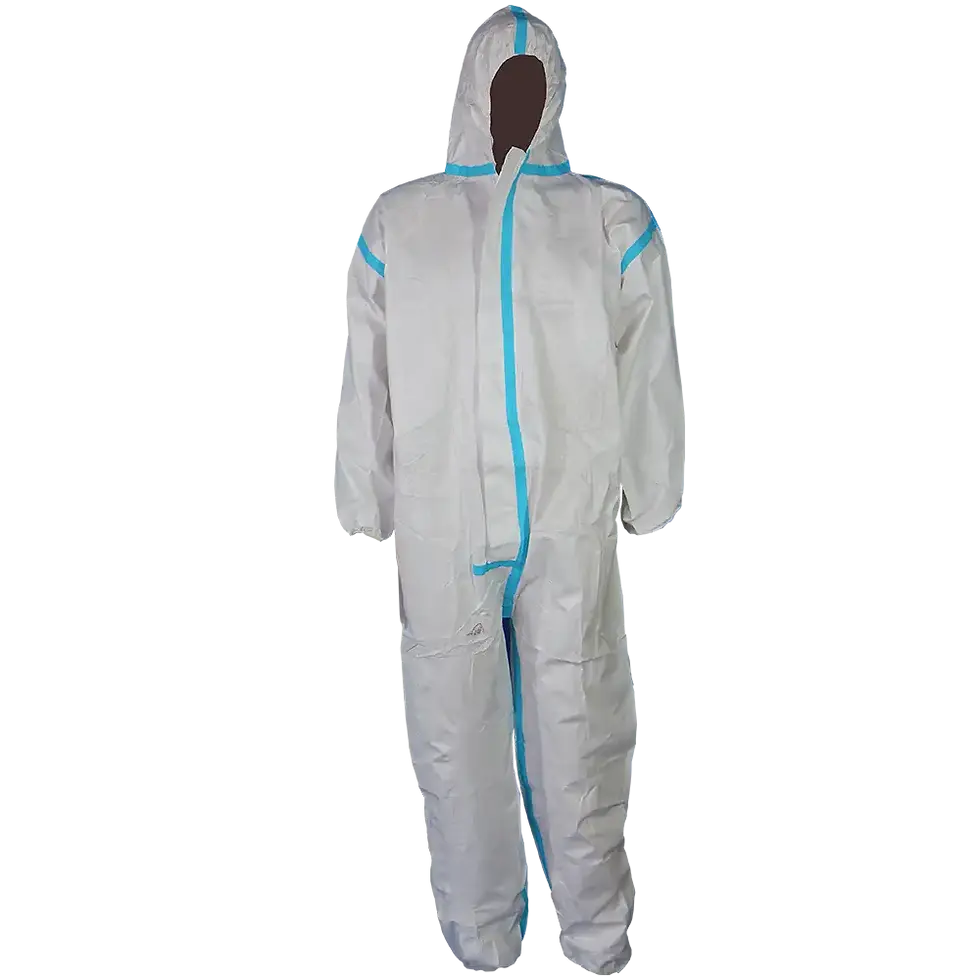 White Disposable Overall with blue accents for protection.