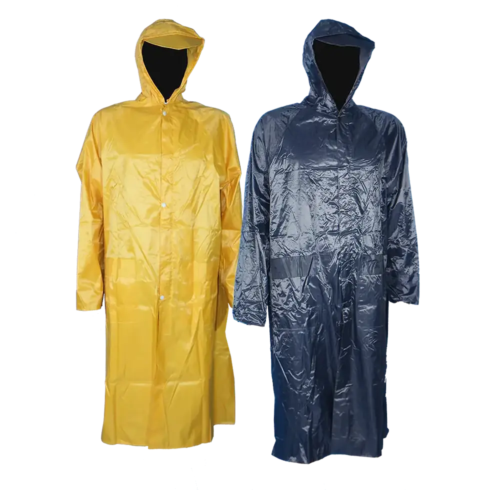 Two yellow and blue PVC Rubberized Rain Coats, ready for rainy weather.