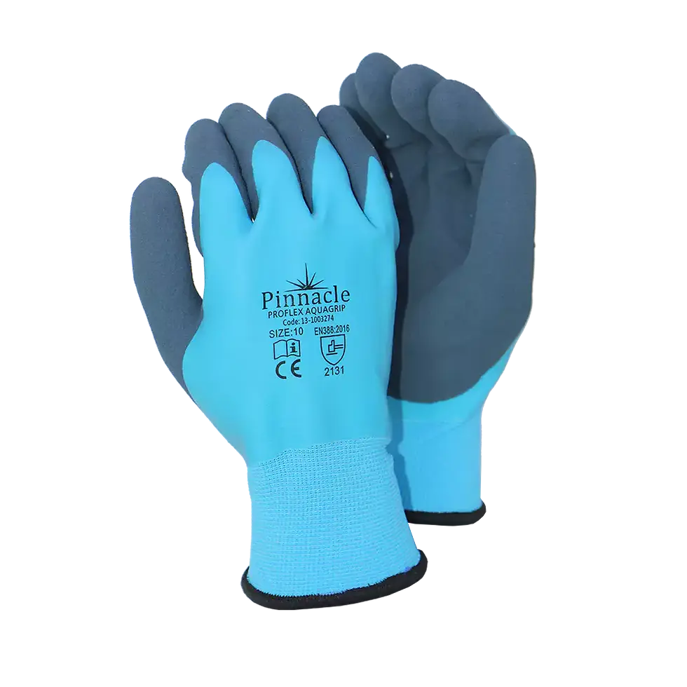 Pair of blue and gray gloves. 120 PACK Proflex Aquagrip Gloves.