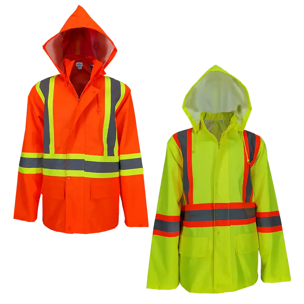Two high-visibility rain jackets, orange and yellow, hoods up for protection.