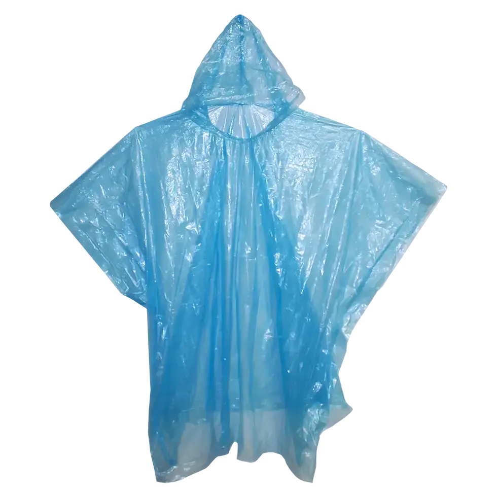 Blue rain poncho with hood, protection from rain, transparent plastic material.