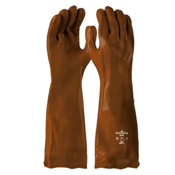 Pair of brown 12 PACK PVC Brown Heavy Duty Glove 40cm, protective gloves for various tasks.