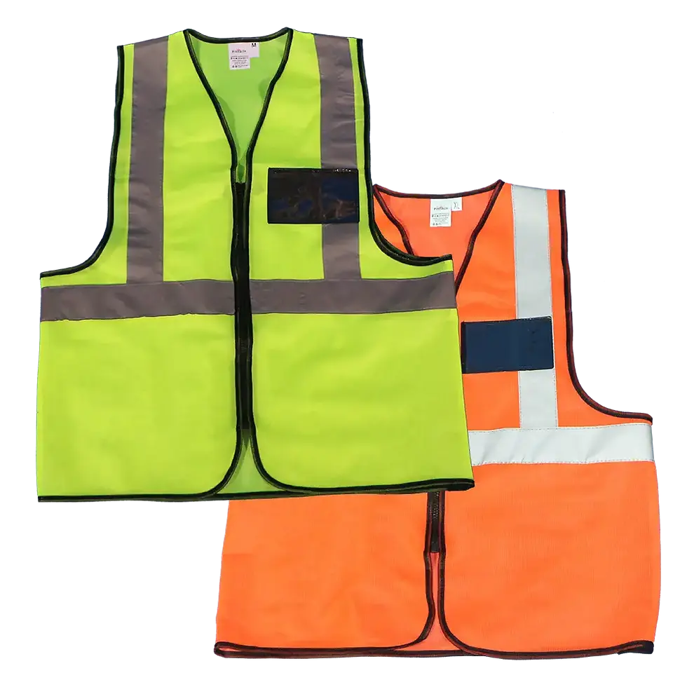 Two high visibility safety vests with reflective stripes and zip closures