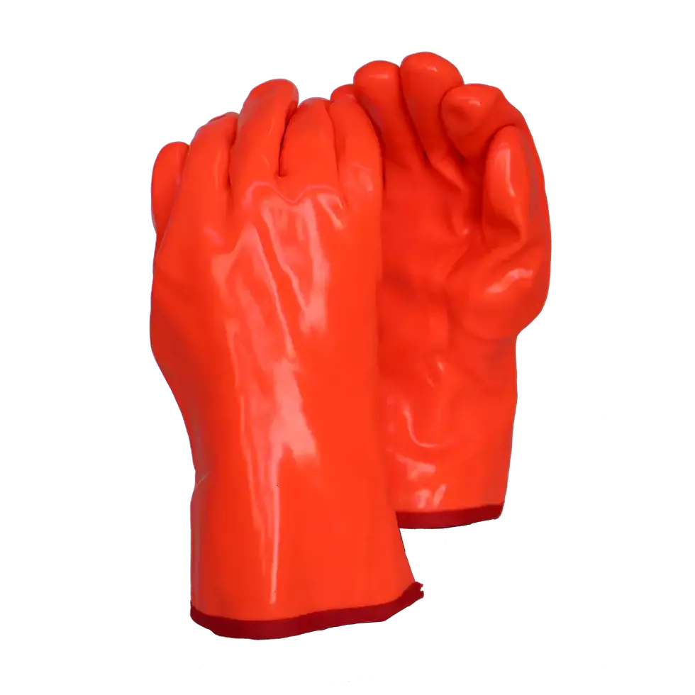 Pair of bright orange gloves. 12 PACK Orange PVC Freezer Glove 30cm Open Cuff. Safety work gear.