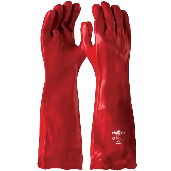 Pair of bright red 120 PACK PVC Red Glove Open Cuff 40cm, protective work gloves.