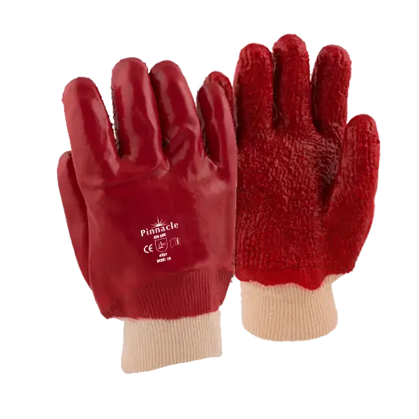 Red gloves with white cuffs. 120 PACK PVC Red Rough Palm Heavy Duty Glove Knit Wrist.