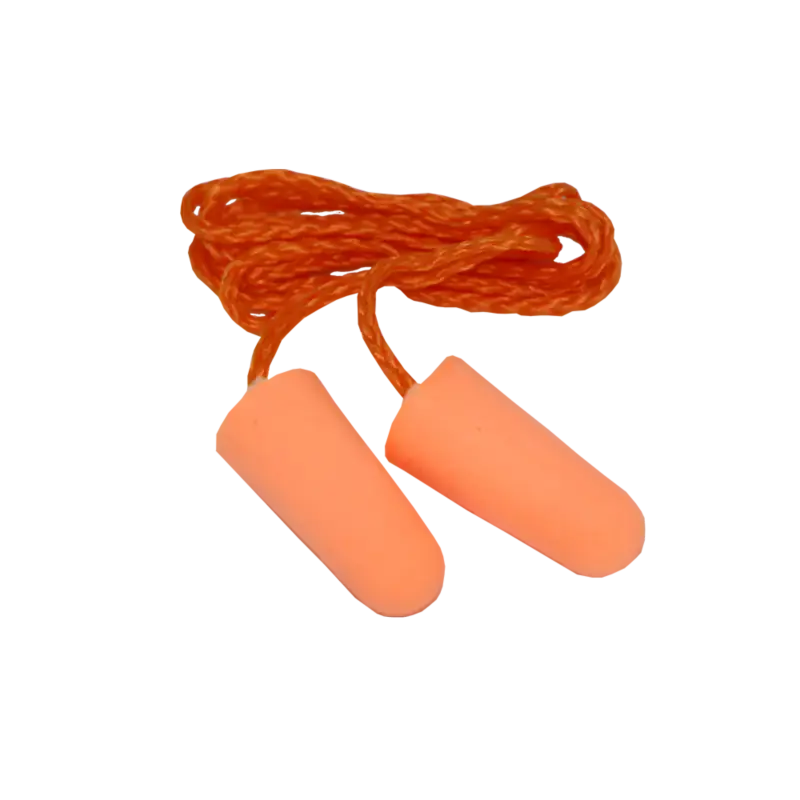 Orange corded earplugs on a black background, 100 BOX Corded Disposable PU Foam Ear Plugs.