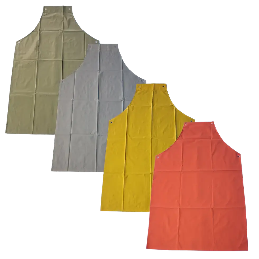 Four PVC Apron Heavy Duty 400gm aprons in different colors, side view, arranged together.