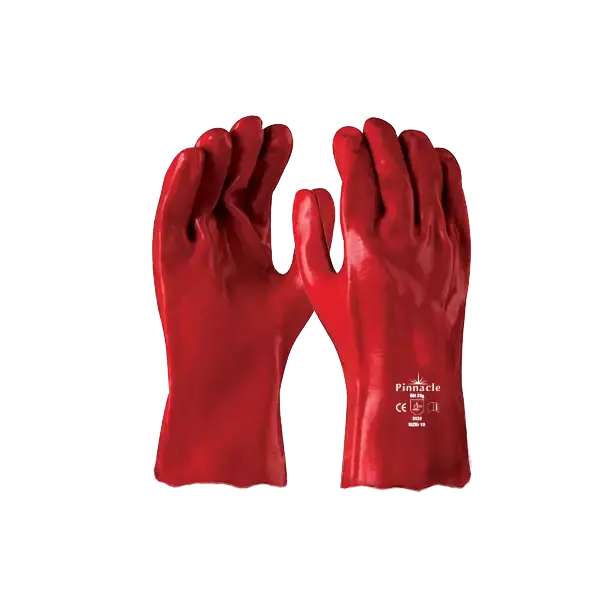 Pair of bright red gloves. 12 PACK PVC Red Glove Open Cuff 27cm. Protective work gear.