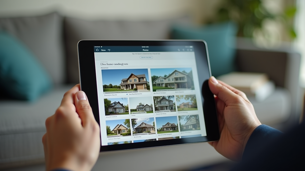 close-up view of hands holding a tablet showing real estate listings