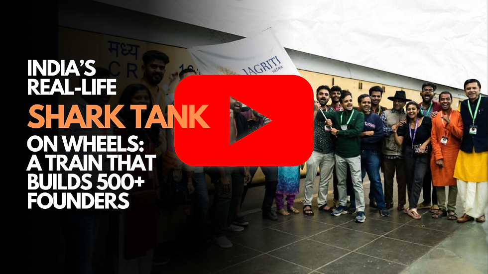 Group of enthusiastic entrepreneurs and mentors standing beside the Jagriti Yatra train, promoting a video titled "India’s Real-Life Shark Tank on Wheels: A Train That Builds 500+ Founders