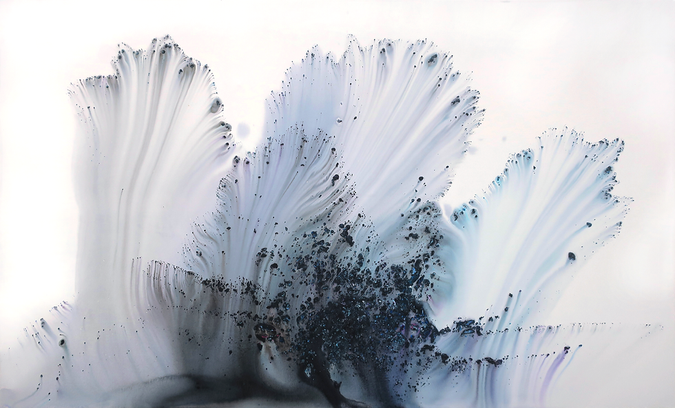 Five indigo ink plumes surge upward on white ground, large abstract painting Nature 189 by Muriel Napoli, 200×120 cm