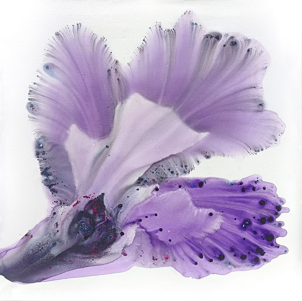 Full view of "Nature 369" by Muriel Napoli, violet abstract painting, 100x100 cm.