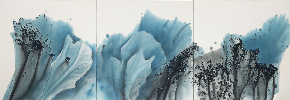 Nature 287 — large blue grey and black ink abstract triptych painting, left panel detail, by Muriel Napoli
