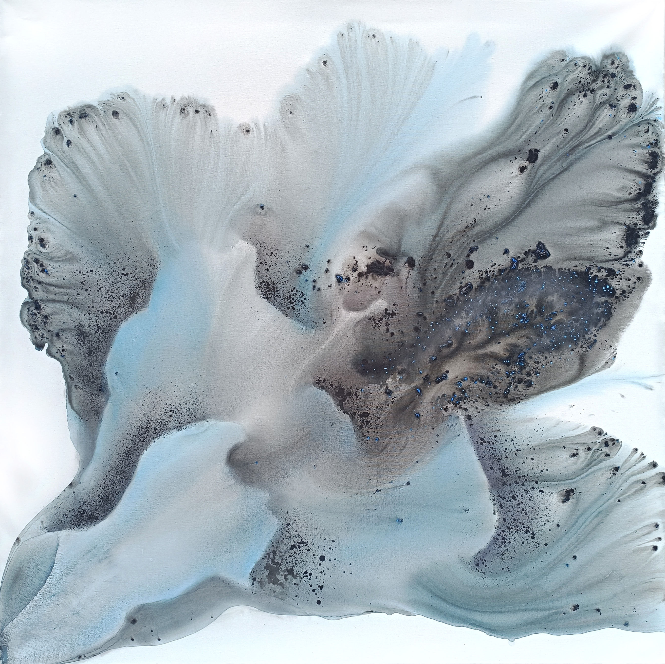 Full view of Nature 487, blue grey abstract ink painting 120x120 cm by Muriel Napoli