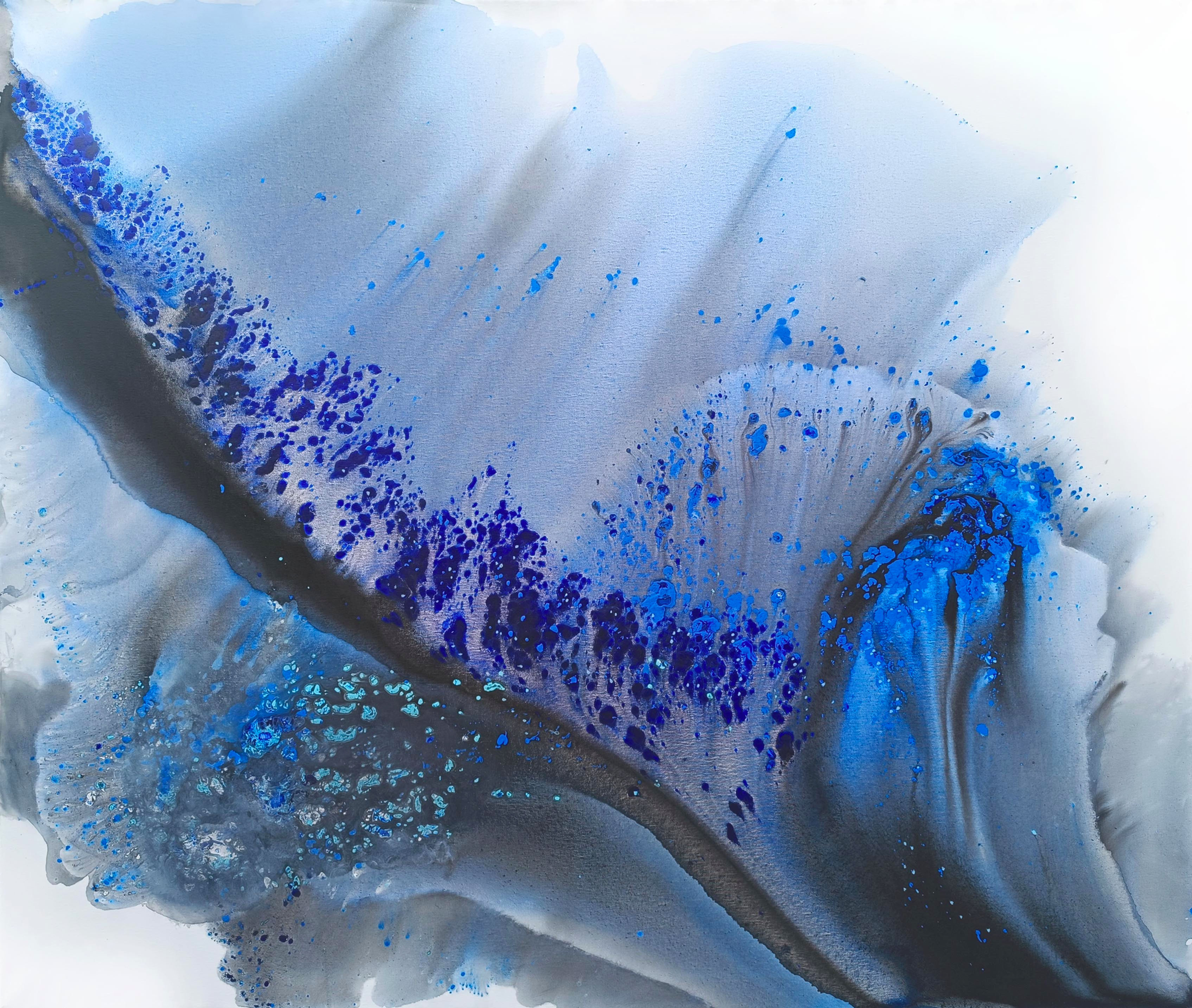 Abstract blue canvas N412 by Muriel Napoli, modern painting, clear minimalist decor, 120x140 cm