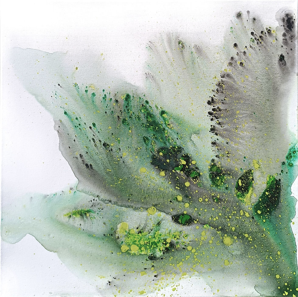 square abstract painting with emerald green ink wash and acid yellow splatter on white ground, Nature N537 by Muriel Napoli