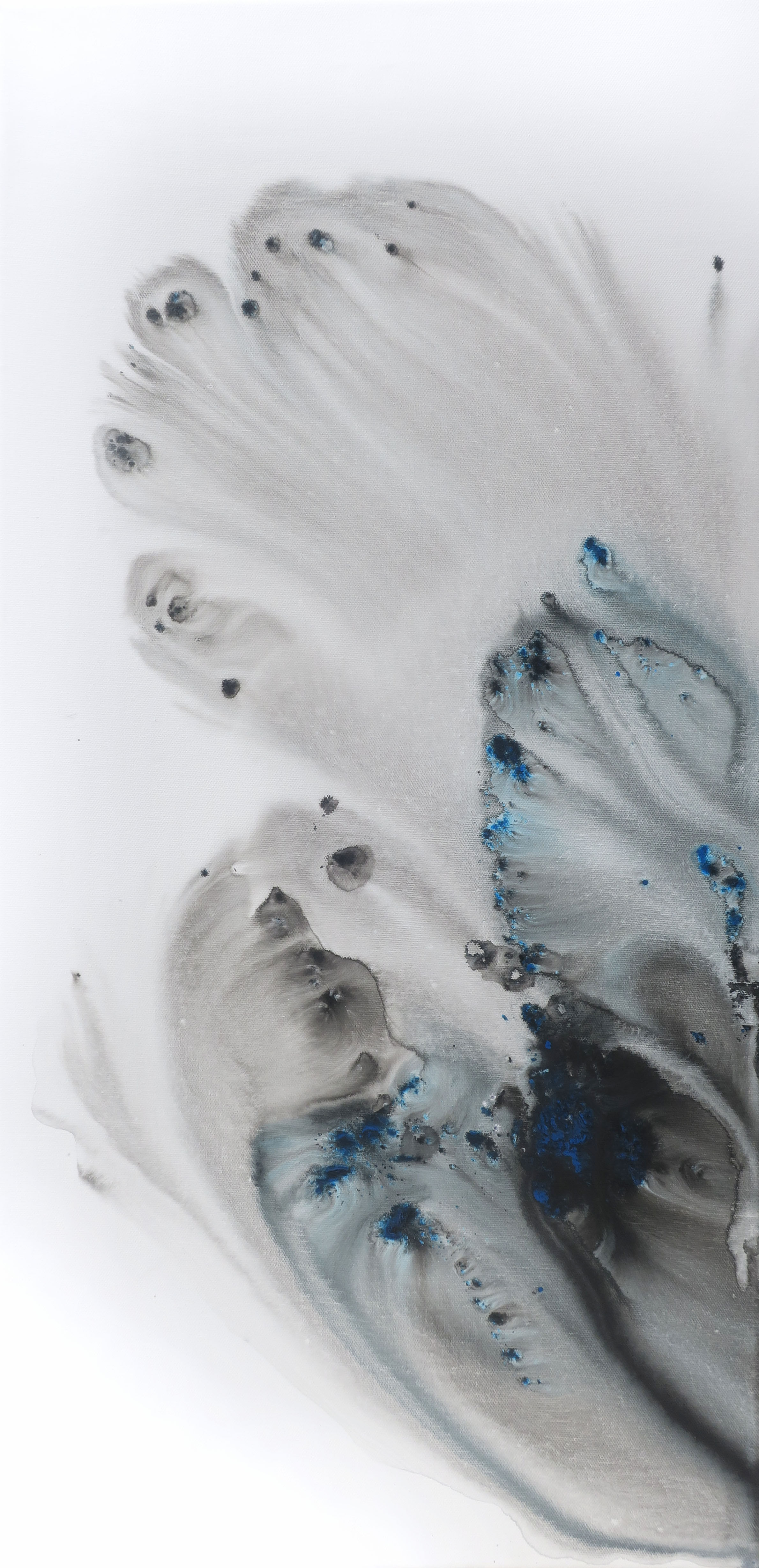 Nature 183 80 x 40 cm, full view of blue-grey ink abstract painting, Muriel Napoli