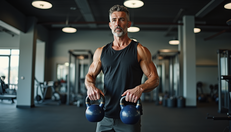 Eye-level view of a middle-aged man performing a kettlebell swing in a gym