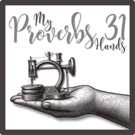 My Proverbs 31 Hands logo of her hand holding a small sewing machine