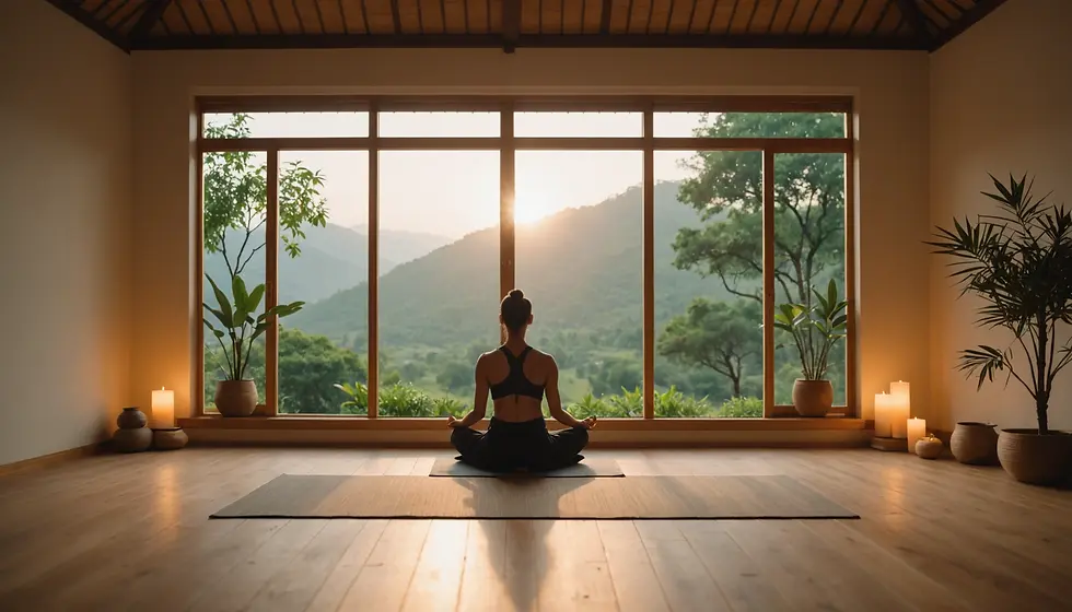 Woman meditating in a relaxing room  front of nature