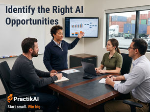 Colleagues evaluating business opportunities and logistics data during a strategy meeting, highlighting the process of identifying AI use cases.