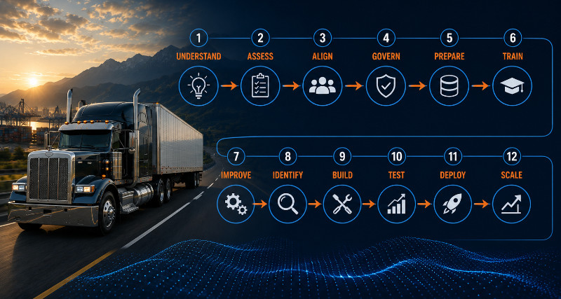 The PractikAI AI Adoption System infographic showing a 12-step framework from Understand to Scale, set against a background of a semi-truck driving on a highway.