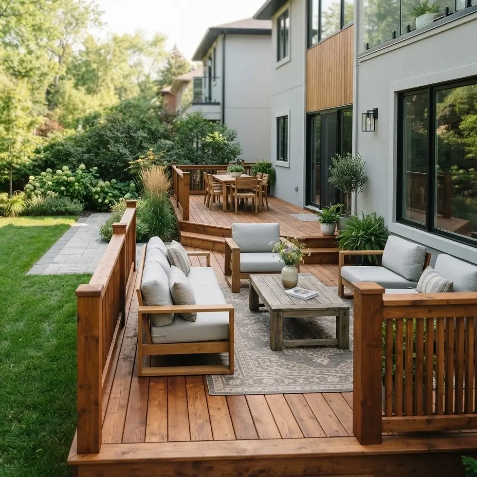 Architectural photography of a spacious wooden outdoor deck with modern furniture and a lounge area. The space feels inviting and tranquil, overlooking a lush green garden.