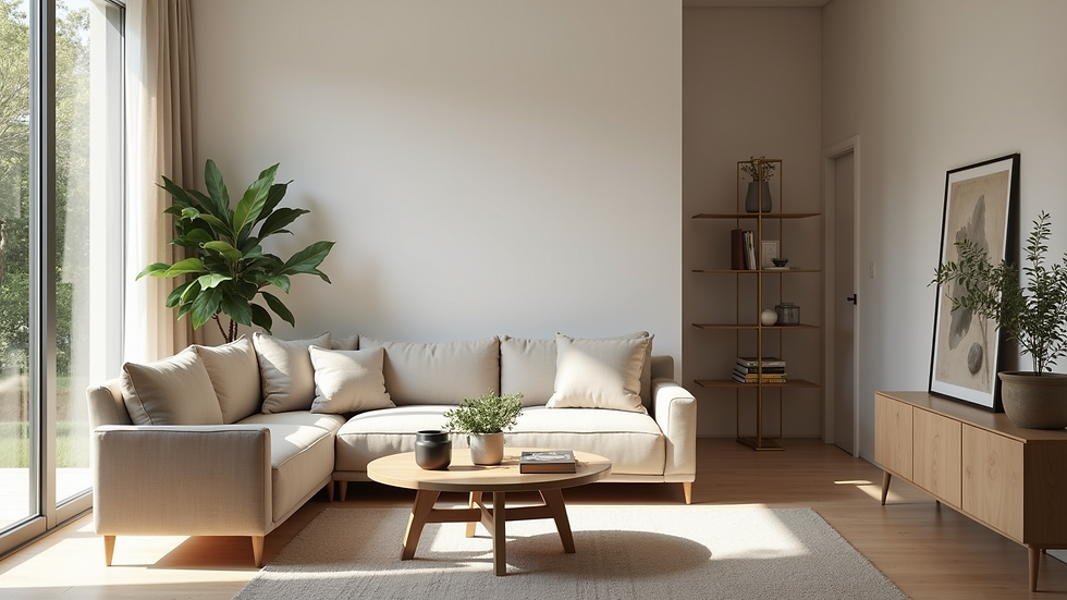 Eye-level view of a modern living room featuring sustainable furniture