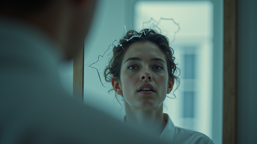 Eye-level view of a broken mirror reflecting a blurred image