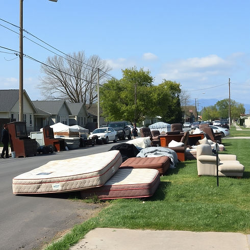 big long street with many old dirty queen size mattress, old dirty single size mattress on