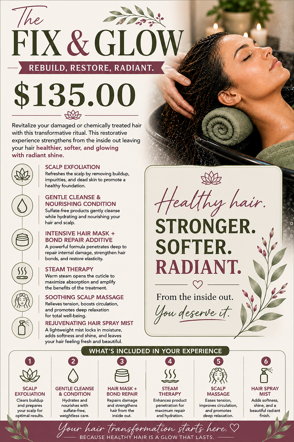 The Fix & Glow head spa treatment menu for $135.00. The Well House