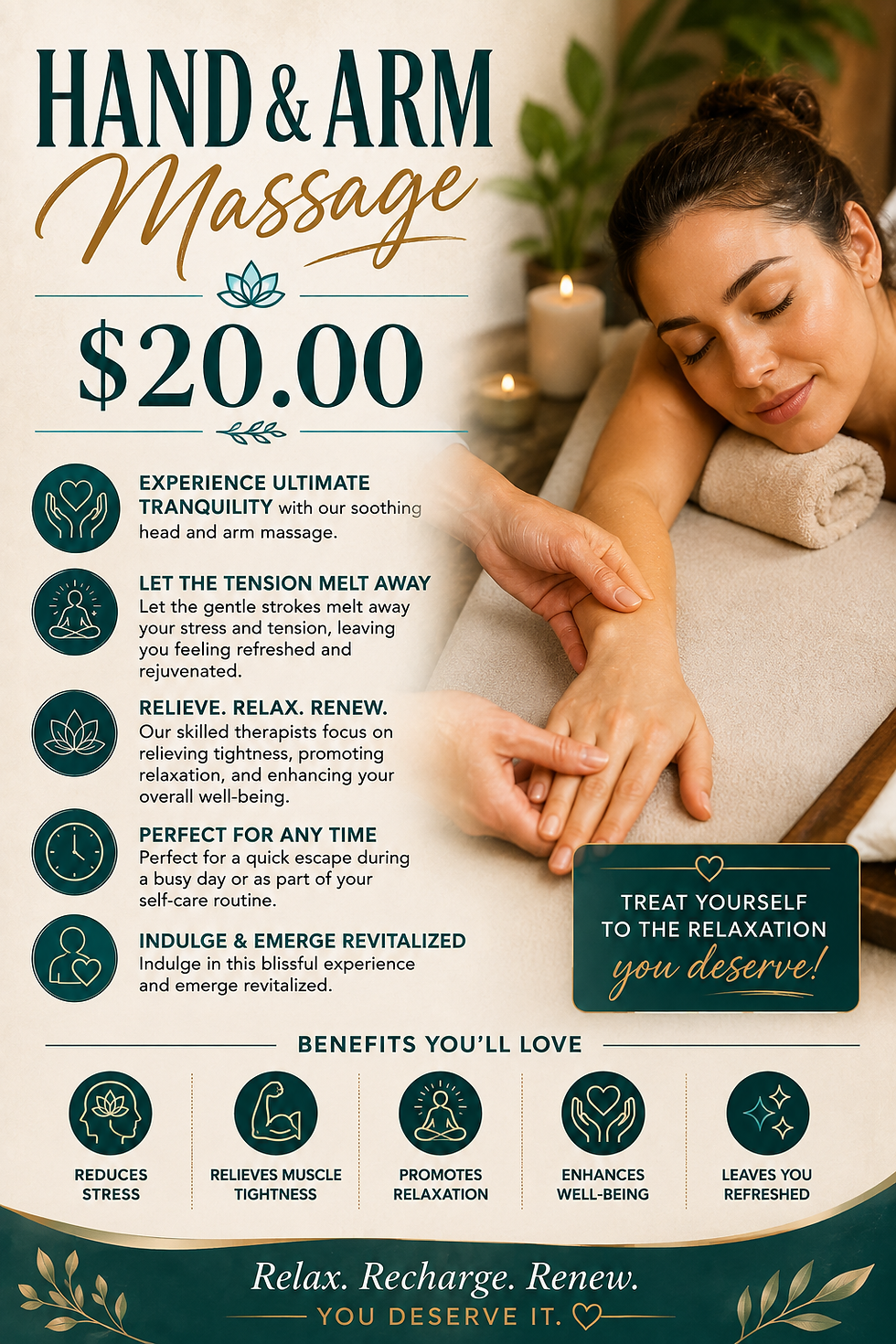 Hand and arm massage menu with pricing and benefits. The Well House